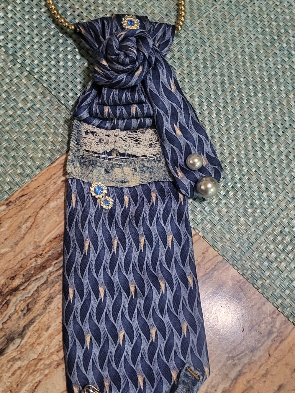 Navy Blue Tie/Accessories  Pendant with Pearl Accents